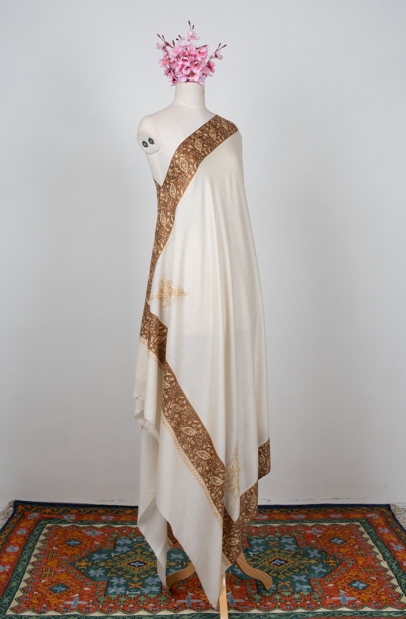 2.5 Yards Sozni Hand Embroidered Shawl in Sand Beige with Coffee Border