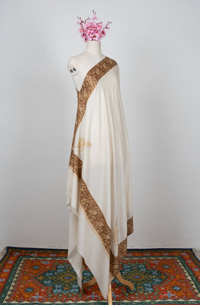 2.5 Yards Sozni Hand Embroidered Shawl in Sand Beige with Coffee Border
