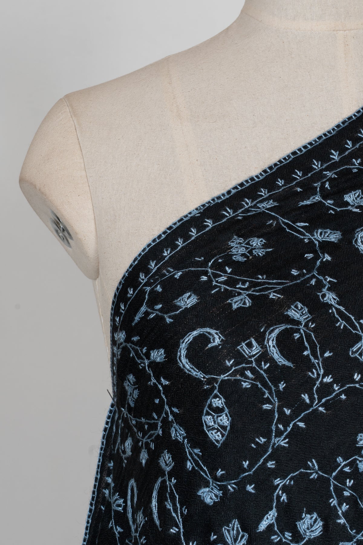 Midnight Blue Floral Trail: Merino Wool Hand Embroidered 2.5 Yards Shawl