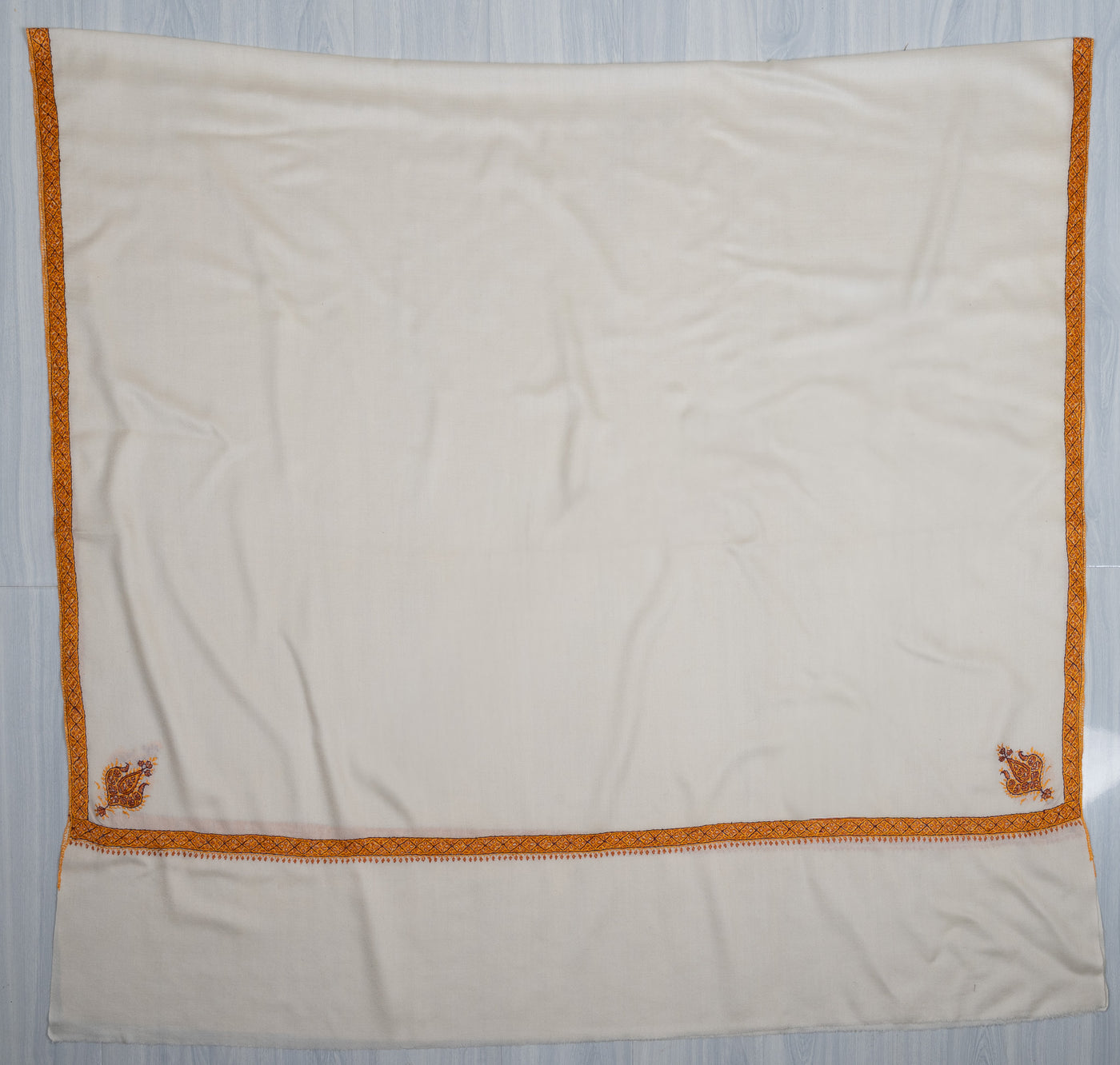 2.5 Yards Sozni Hand Embroidered Shawl in Ivory with Antique Gold Border