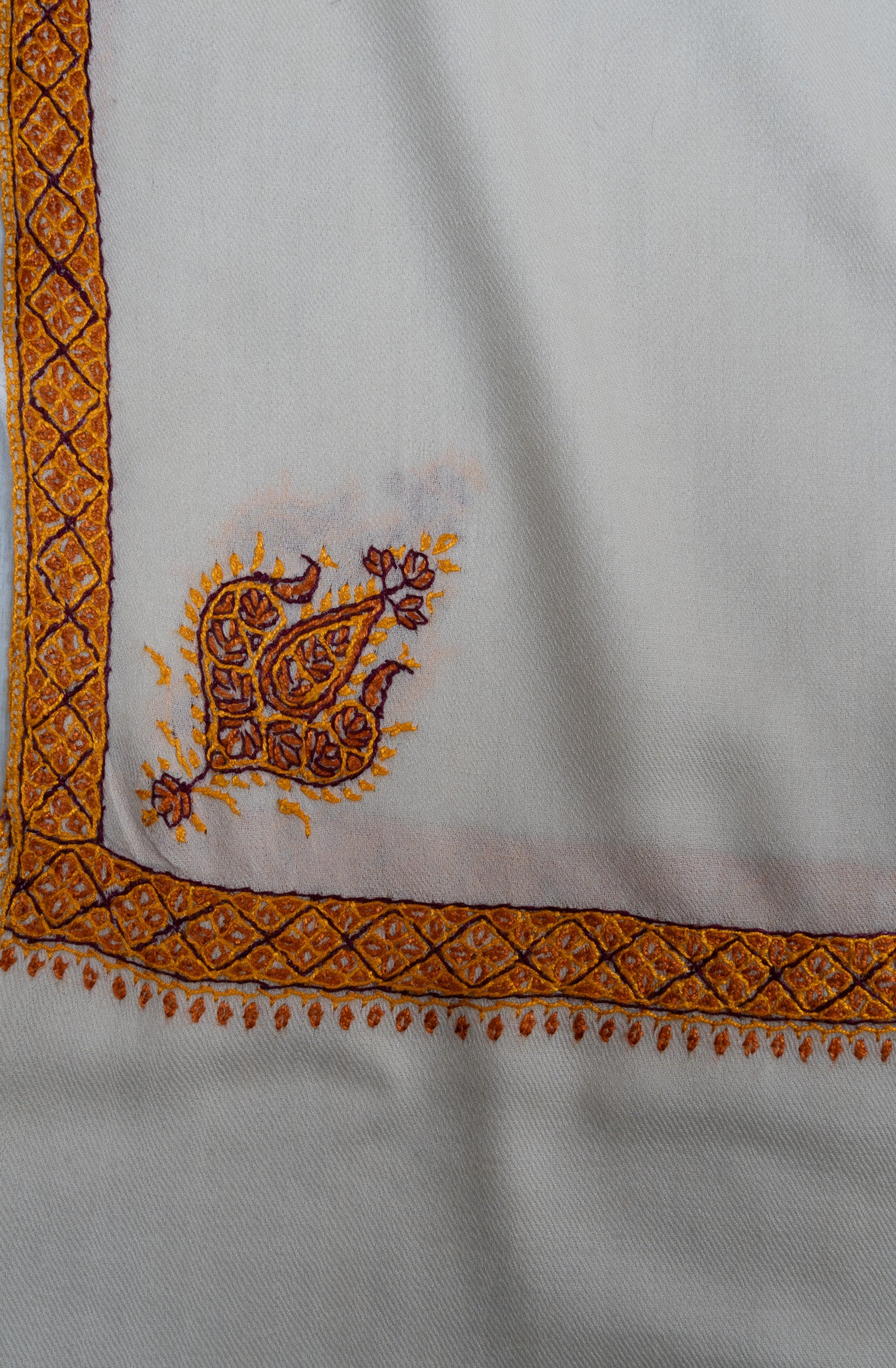 2.5 Yards Sozni Hand Embroidered Shawl in Ivory with Antique Gold Border