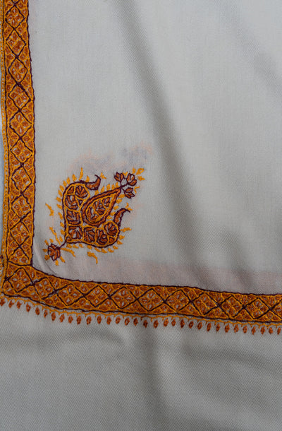 2.5 Yards Sozni Hand Embroidered Shawl in Ivory with Antique Gold Border