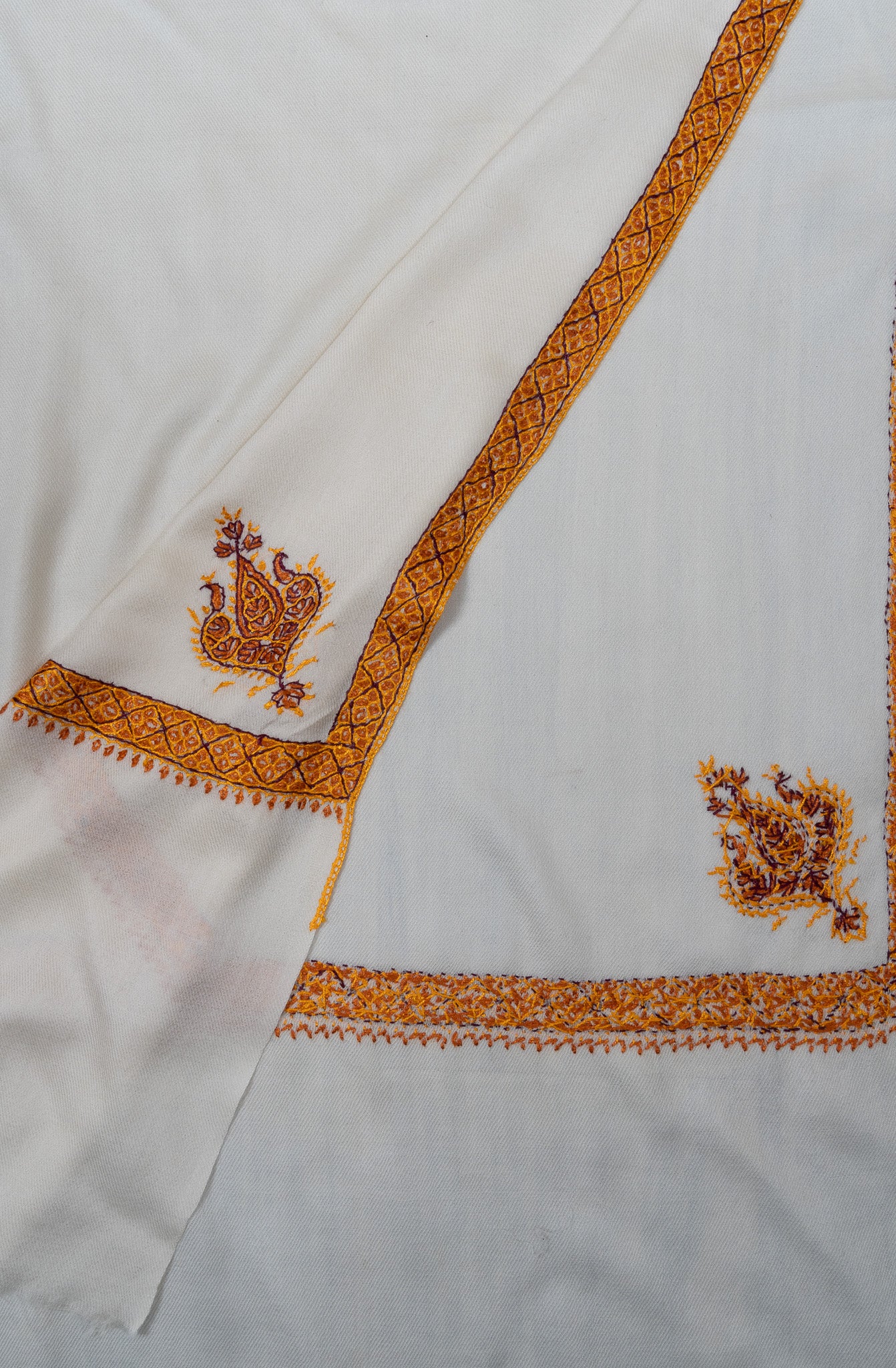 2.5 Yards Sozni Hand Embroidered Shawl in Ivory with Antique Gold Border