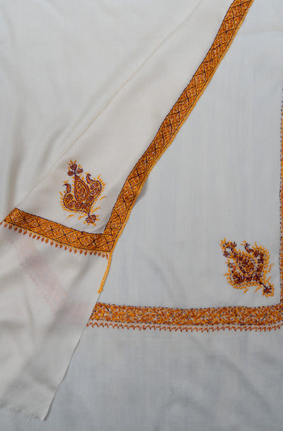 2.5 Yards Sozni Hand Embroidered Shawl in Ivory with Antique Gold Border