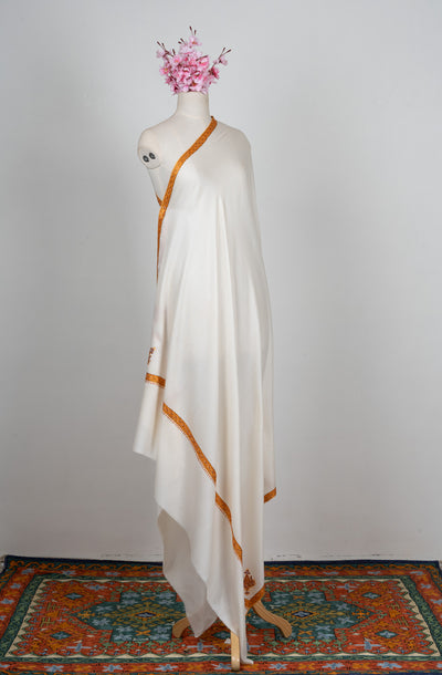 2.5 Yards Sozni Hand Embroidered Shawl in Ivory with Antique Gold Border