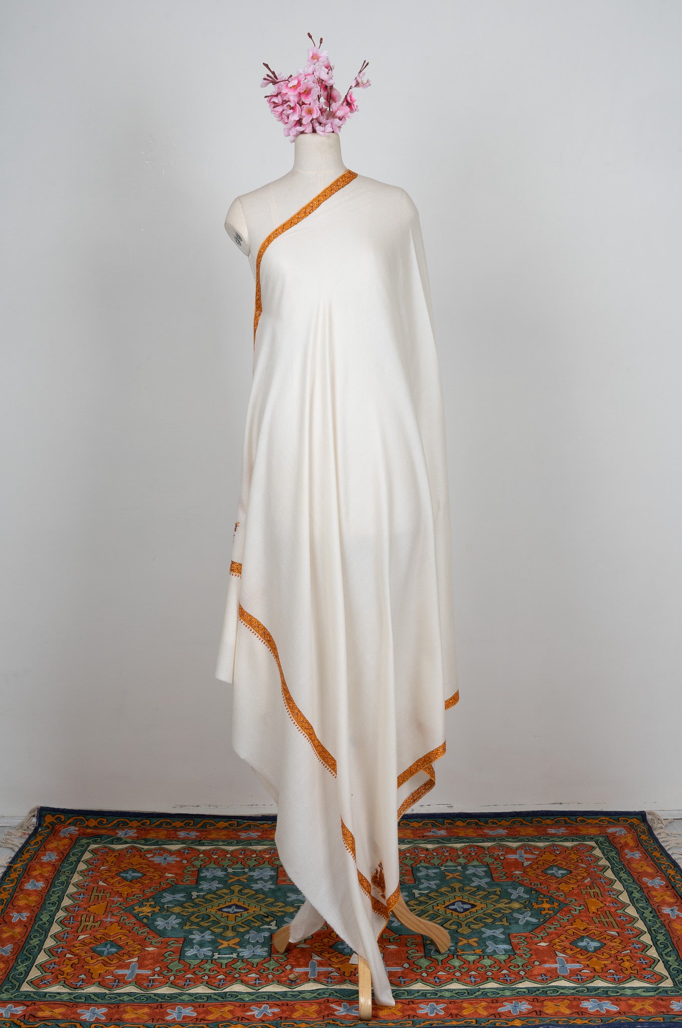 2.5 Yards Sozni Hand Embroidered Shawl in Ivory with Antique Gold Border