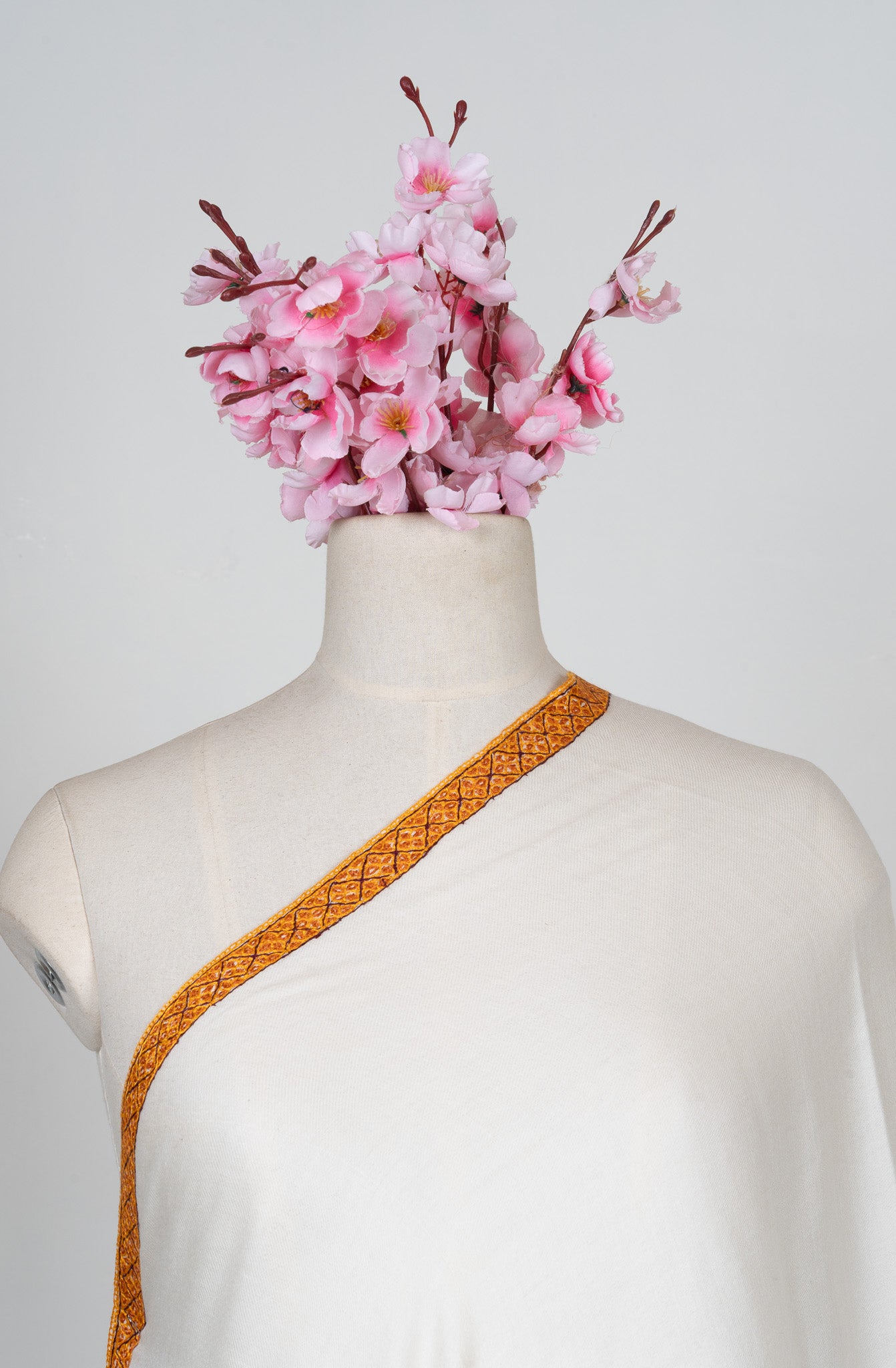 2.5 Yards Sozni Hand Embroidered Shawl in Ivory with Antique Gold Border