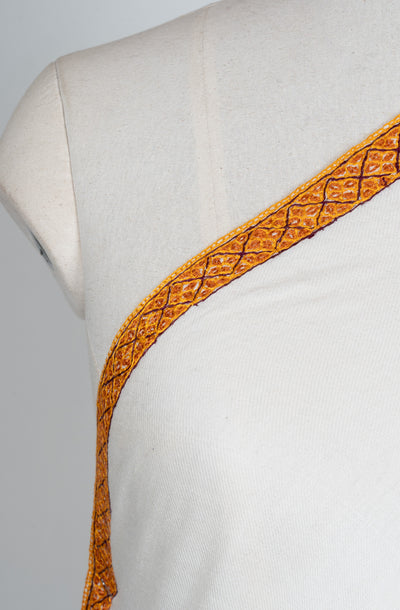 2.5 Yards Sozni Hand Embroidered Shawl in Ivory with Antique Gold Border