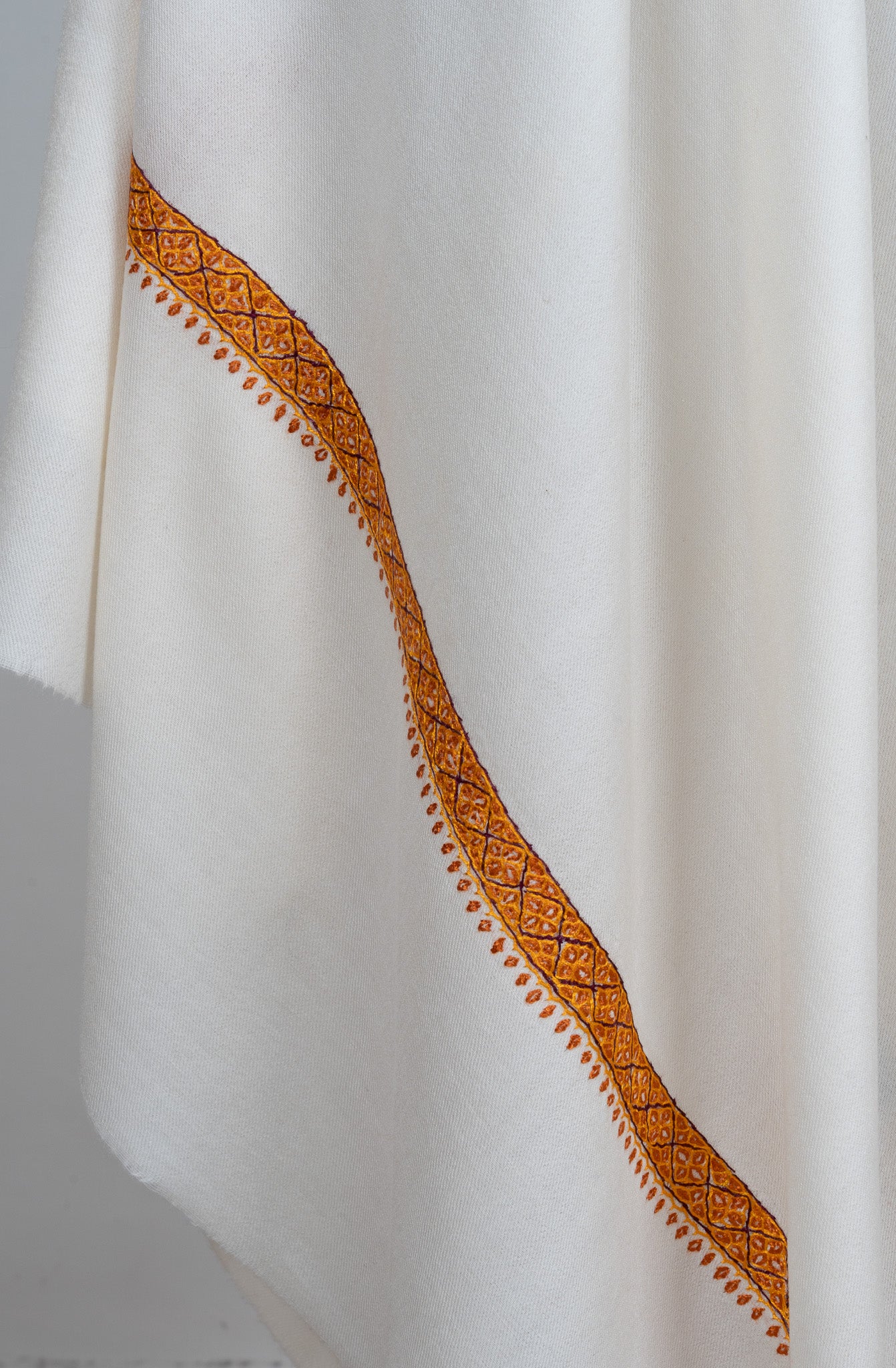 2.5 Yards Sozni Hand Embroidered Shawl in Ivory with Antique Gold Border