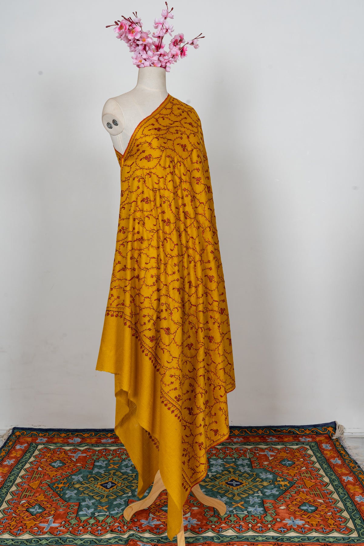 Saffron Vine Radiance: Merino Wool Hand Embroidered 2.5 Yards Shawl