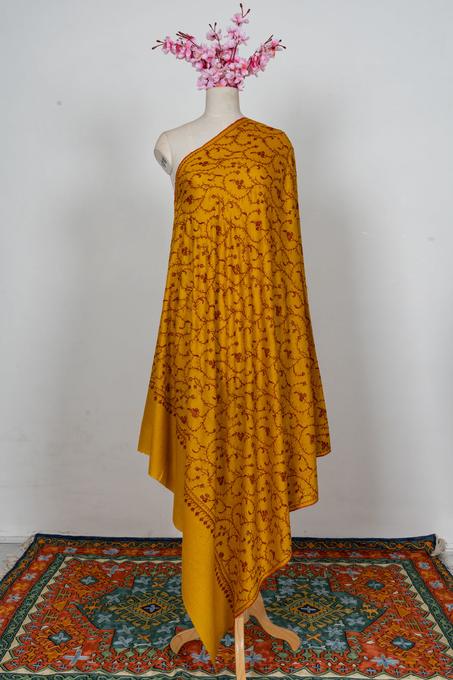Saffron Vine Radiance: Merino Wool Hand Embroidered 2.5 Yards Shawl