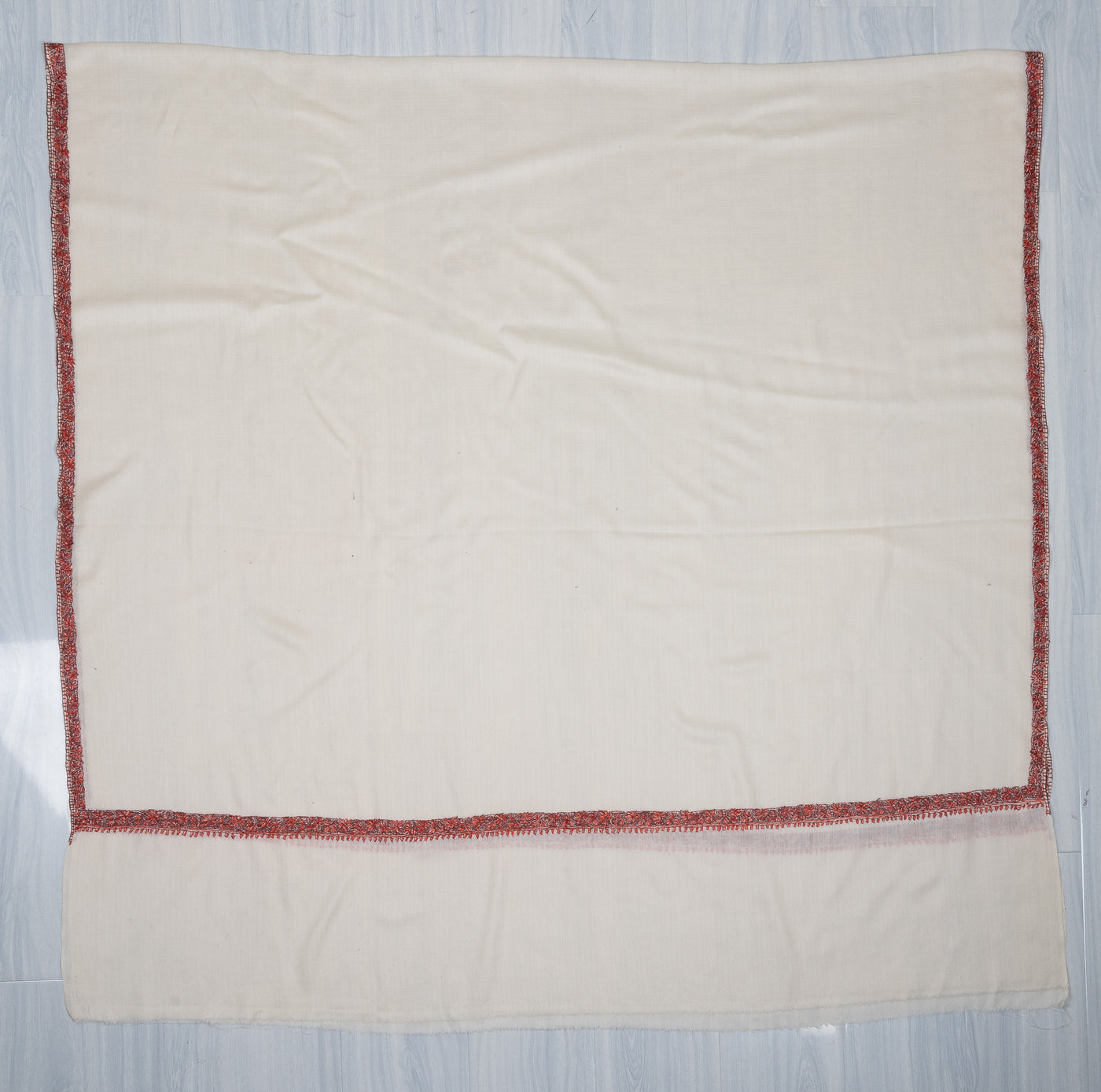 2.5 Yards Sozni Hand Embroidered Shawl in Ivory with Crimson Signature Border