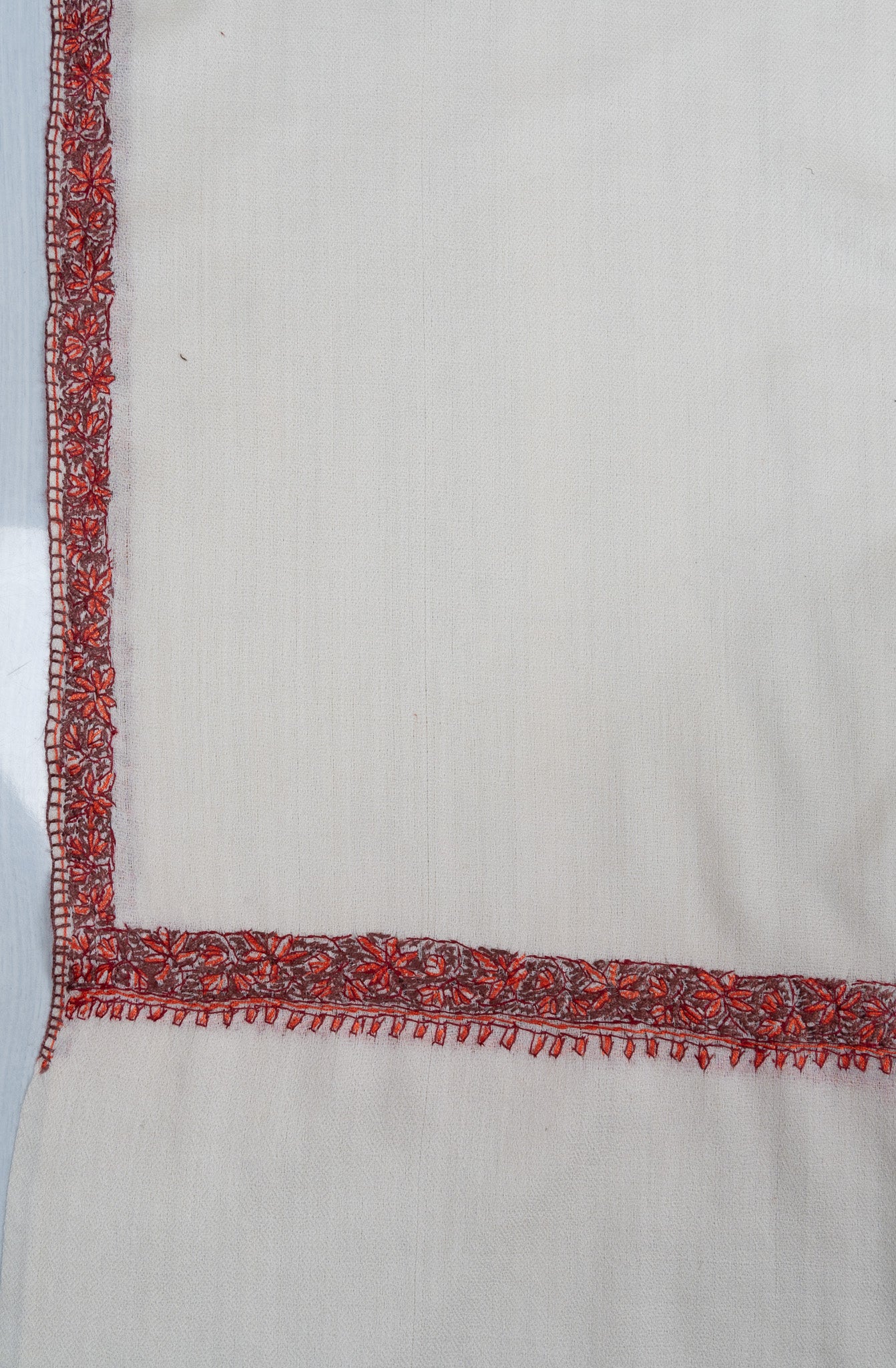 2.5 Yards Sozni Hand Embroidered Shawl in Ivory with Crimson Signature Border