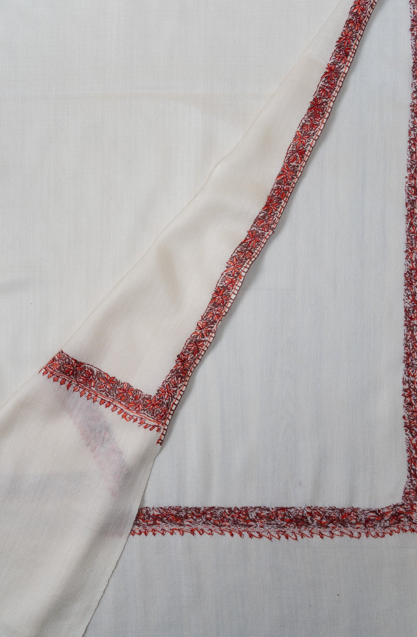 2.5 Yards Sozni Hand Embroidered Shawl in Ivory with Crimson Signature Border