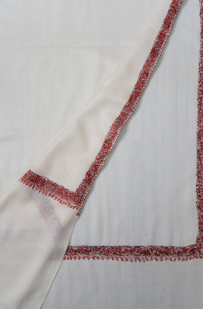 2.5 Yards Sozni Hand Embroidered Shawl in Ivory with Crimson Signature Border