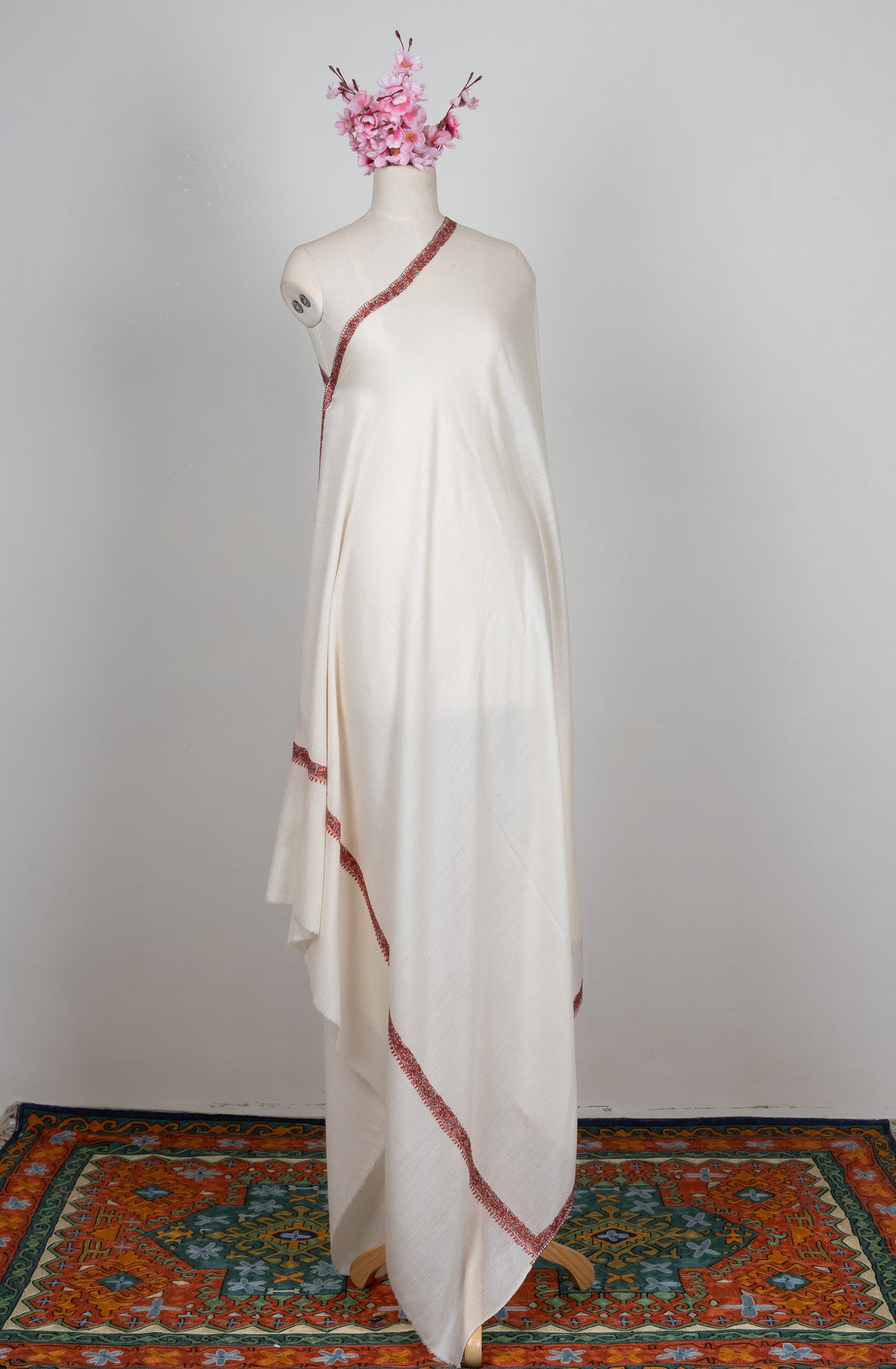 2.5 Yards Sozni Hand Embroidered Shawl in Ivory with Crimson Signature Border