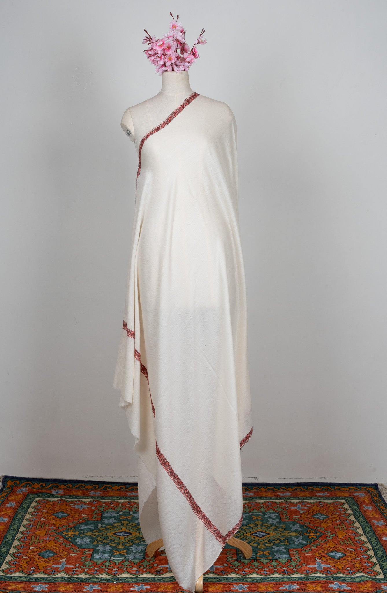 2.5 Yards Sozni Hand Embroidered Shawl in Ivory with Crimson Signature Border