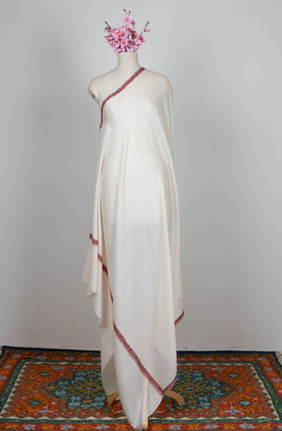 2.5 Yards Sozni Hand Embroidered Shawl in Ivory with Crimson Signature Border