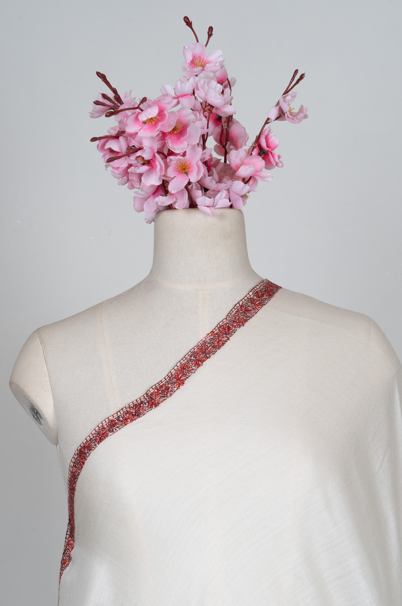 2.5 Yards Sozni Hand Embroidered Shawl in Ivory with Crimson Signature Border