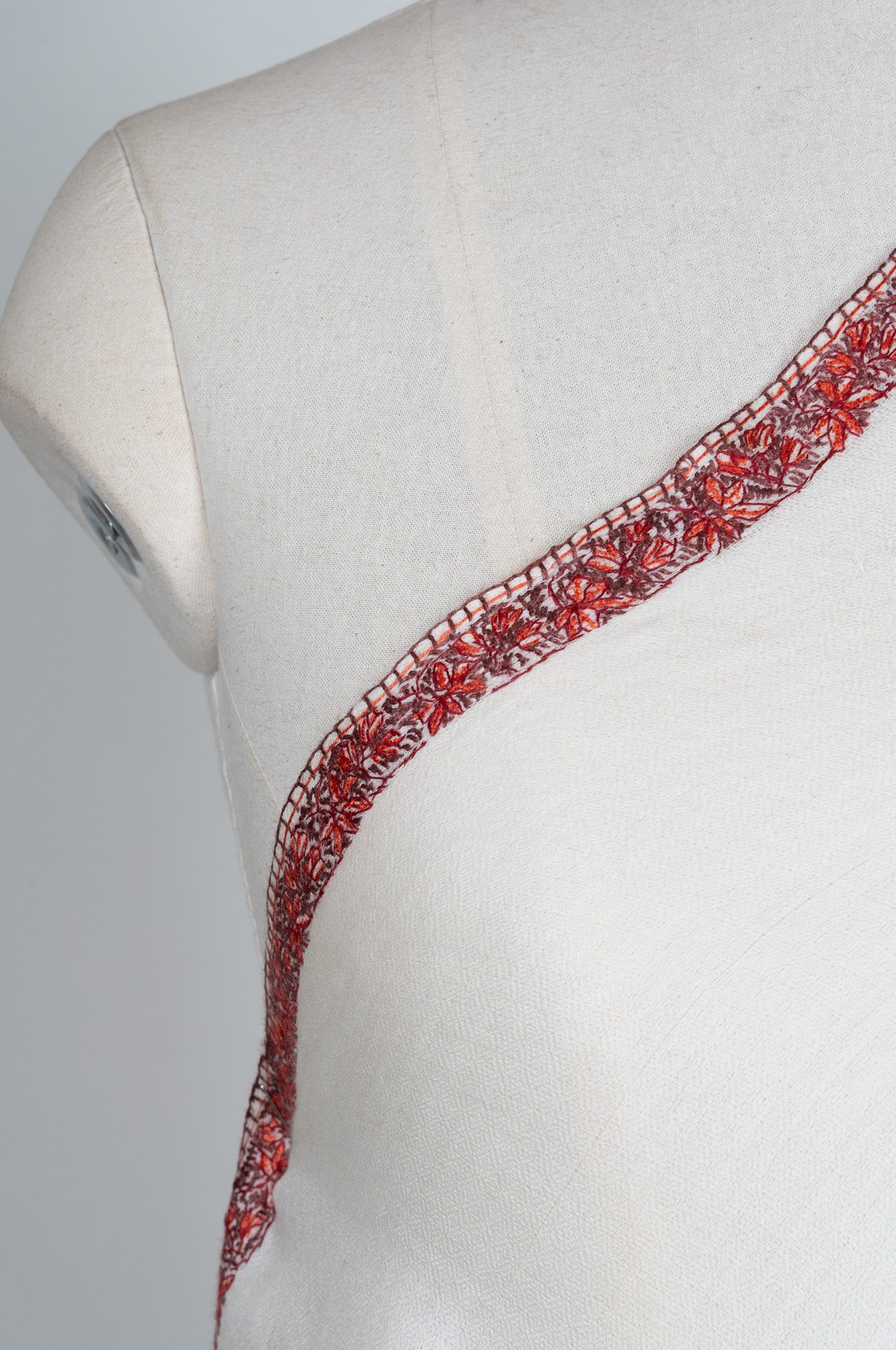 2.5 Yards Sozni Hand Embroidered Shawl in Ivory with Crimson Signature Border