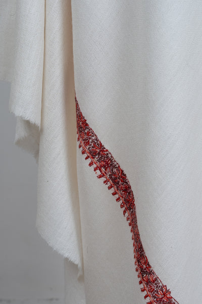 2.5 Yards Sozni Hand Embroidered Shawl in Ivory with Crimson Signature Border