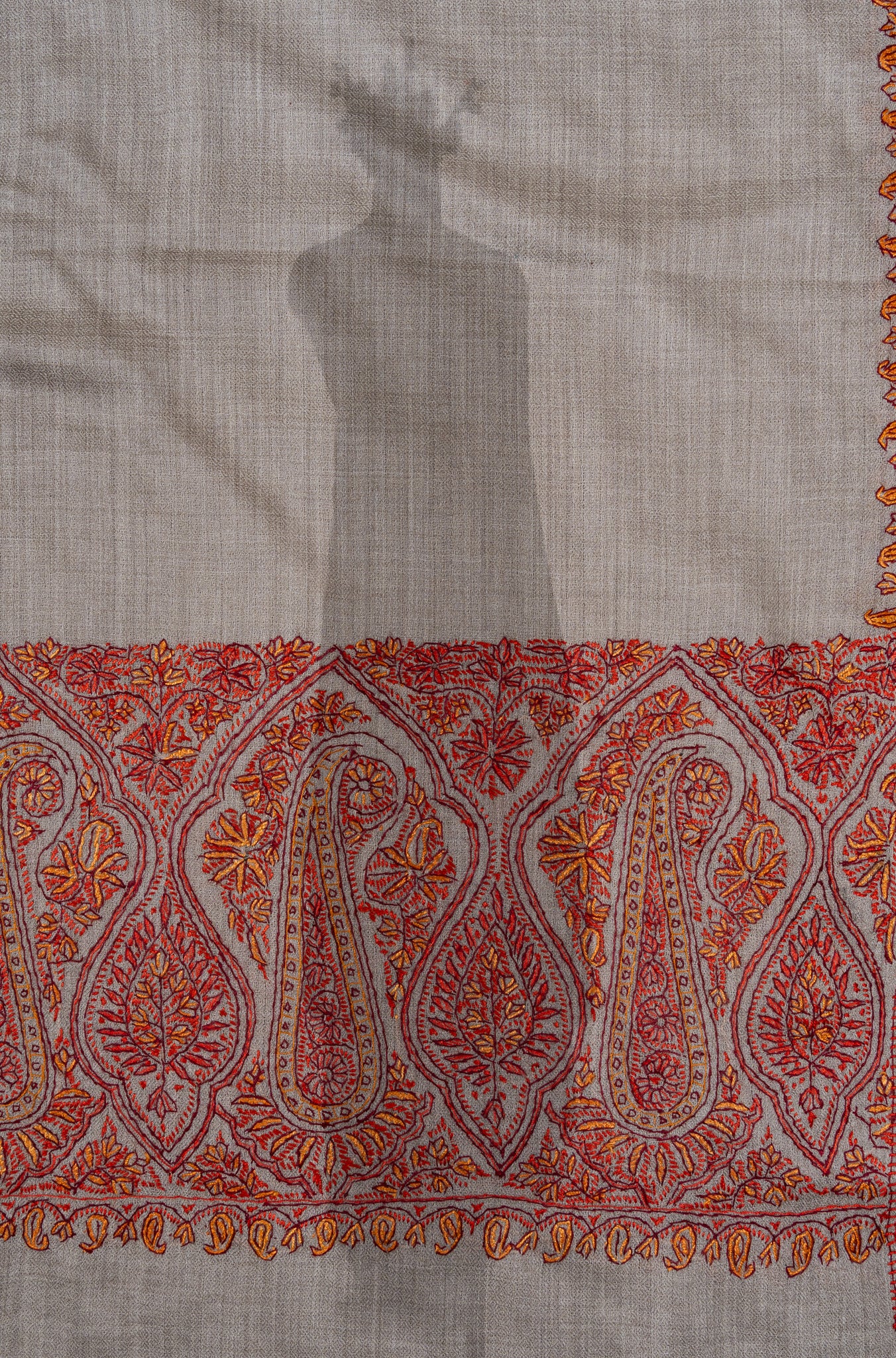 2.5 Yards Sozni Hand Embroidered Shawl in Silver Taupe Paisley Trail