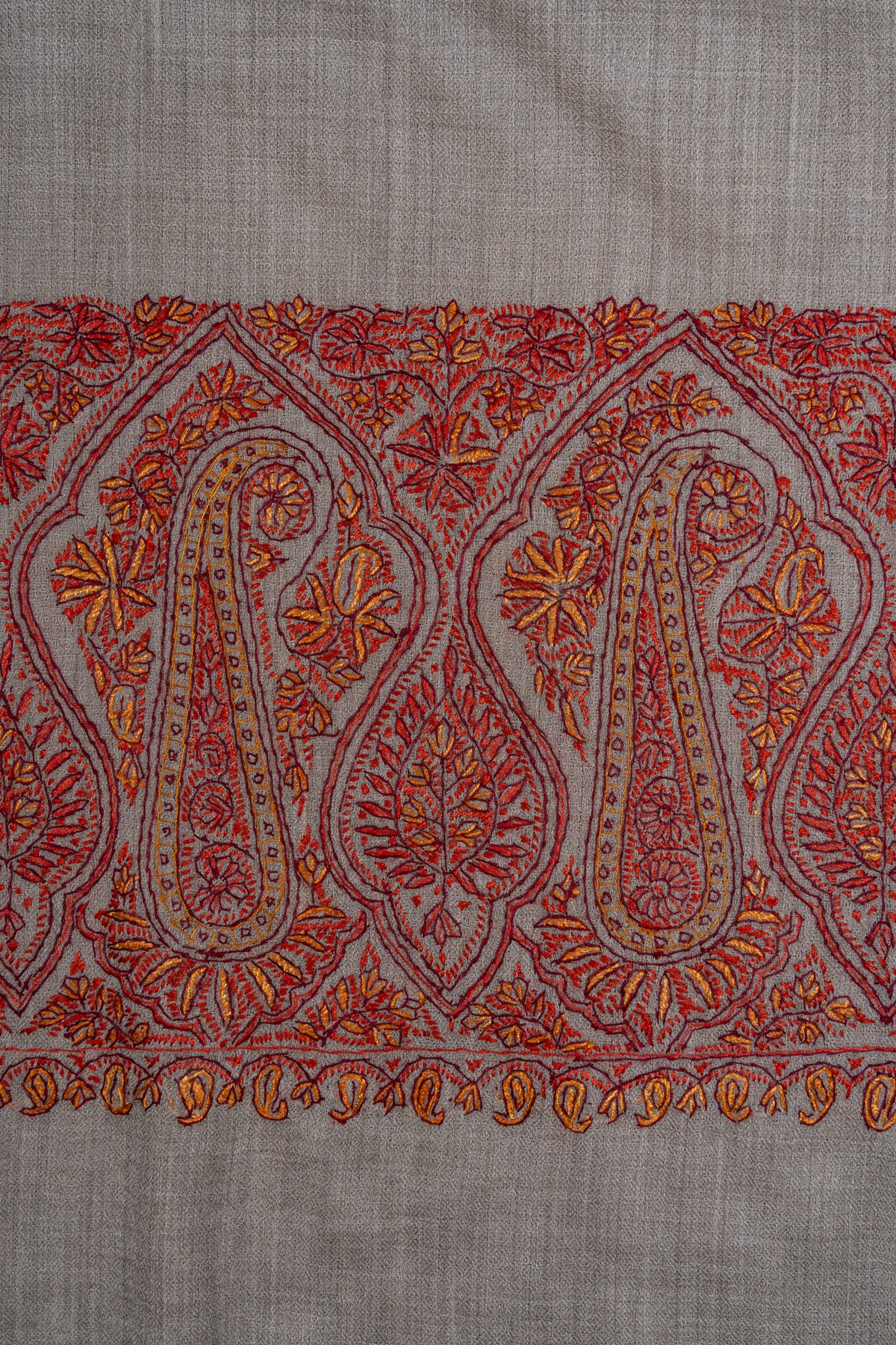 2.5 Yards Sozni Hand Embroidered Shawl in Silver Taupe Paisley Trail