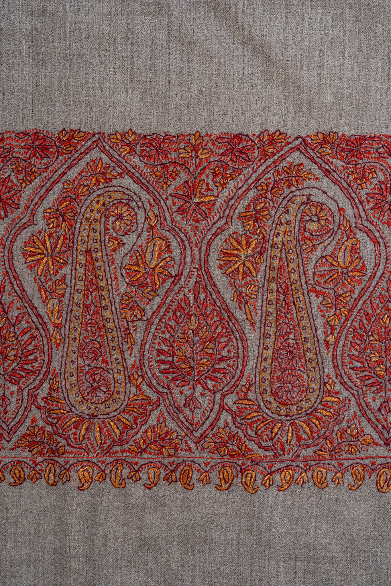 2.5 Yards Sozni Hand Embroidered Shawl in Silver Taupe Paisley Trail