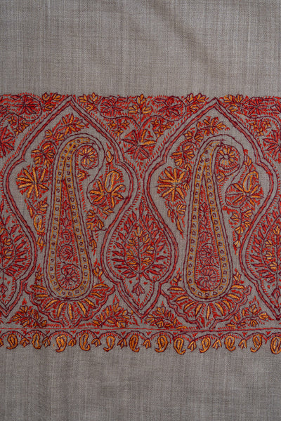 2.5 Yards Sozni Hand Embroidered Shawl in Silver Taupe Paisley Trail