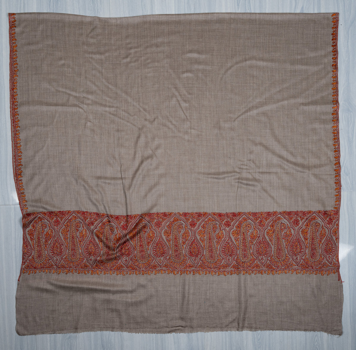 2.5 Yards Sozni Hand Embroidered Shawl in Silver Taupe Paisley Trail