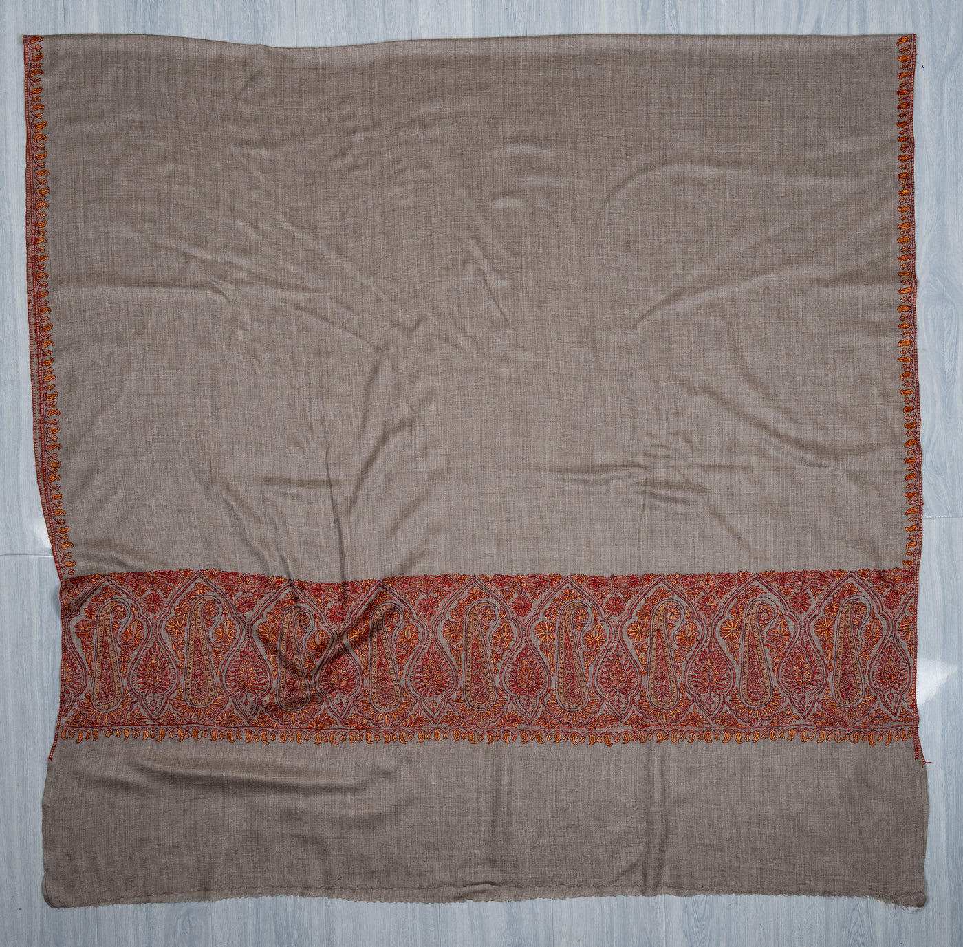 2.5 Yards Sozni Hand Embroidered Shawl in Silver Taupe Paisley Trail