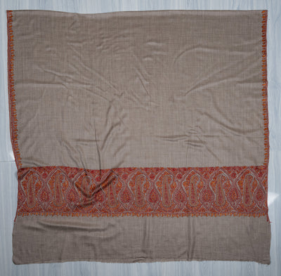 2.5 Yards Sozni Hand Embroidered Shawl in Silver Taupe Paisley Trail