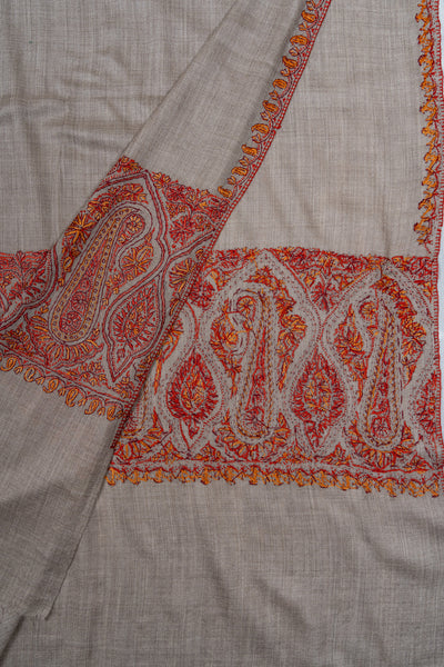 2.5 Yards Sozni Hand Embroidered Shawl in Silver Taupe Paisley Trail