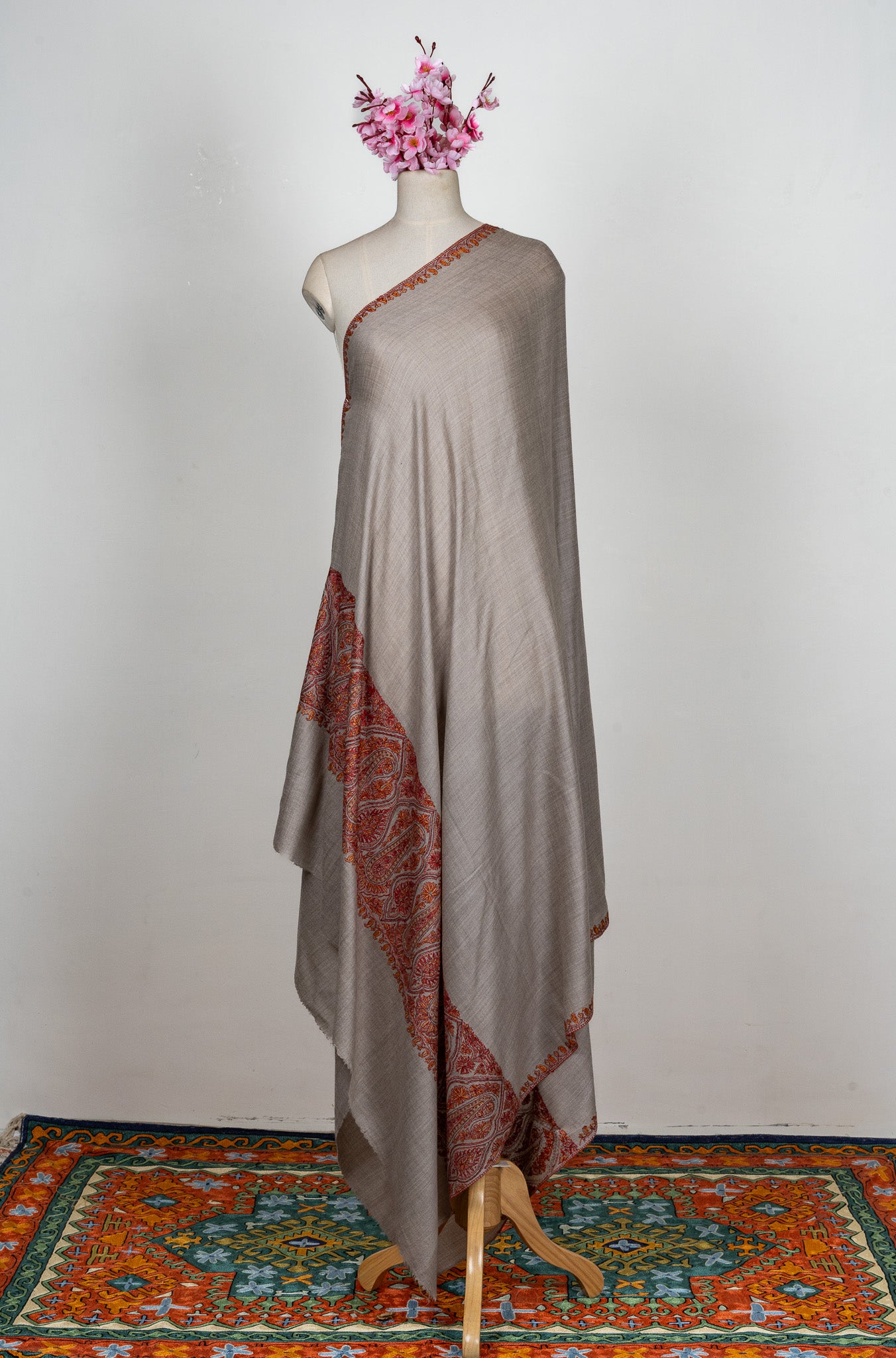 2.5 Yards Sozni Hand Embroidered Shawl in Silver Taupe Paisley Trail