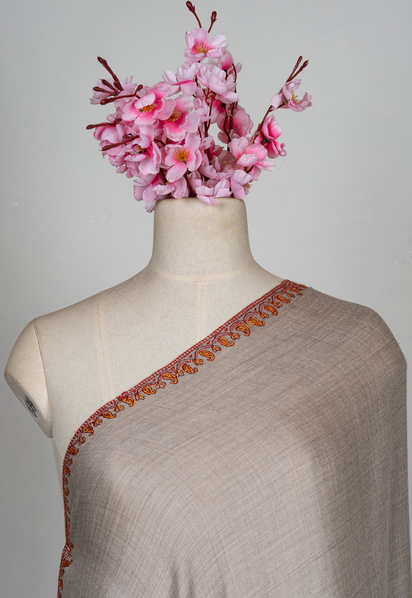 2.5 Yards Sozni Hand Embroidered Shawl in Silver Taupe Paisley Trail