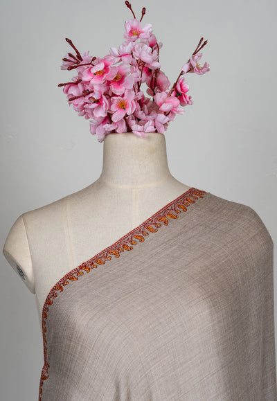 2.5 Yards Sozni Hand Embroidered Shawl in Silver Taupe Paisley Trail