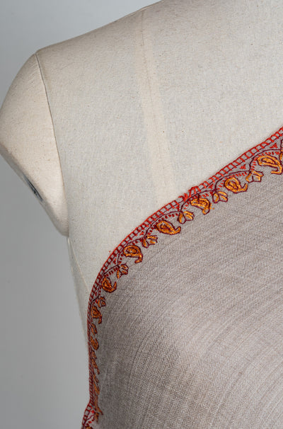 2.5 Yards Sozni Hand Embroidered Shawl in Silver Taupe Paisley Trail