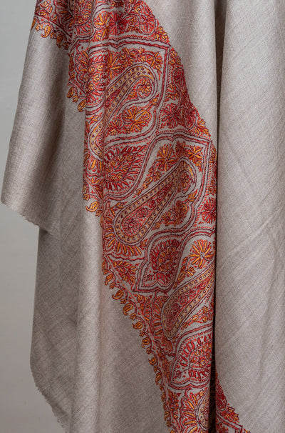 2.5 Yards Sozni Hand Embroidered Shawl in Silver Taupe Paisley Trail