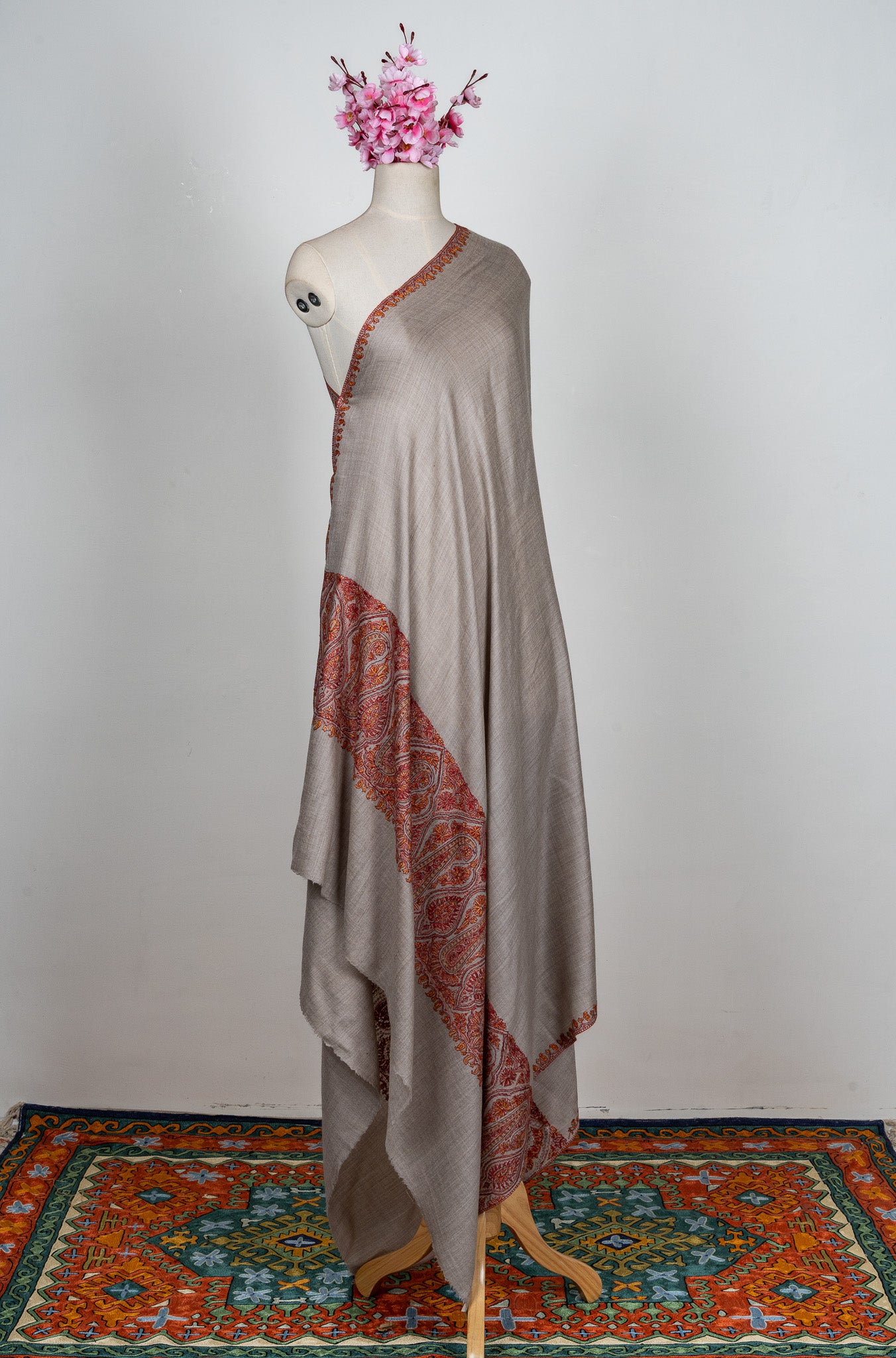 2.5 Yards Sozni Hand Embroidered Shawl in Silver Taupe Paisley Trail