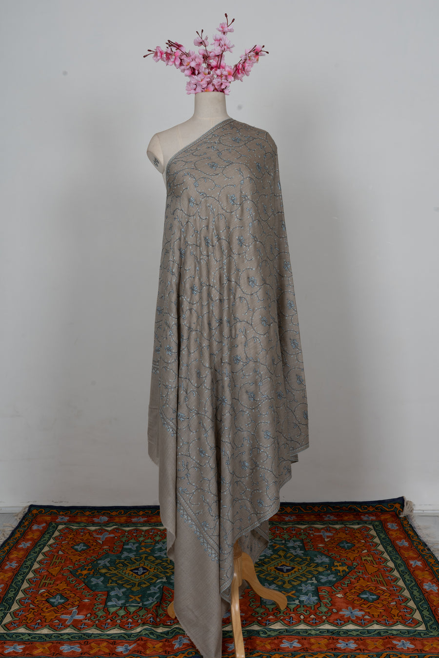 Ash Blue Floral Symphony: Merino Wool Hand Embroidered 2.5 Yards Shawl