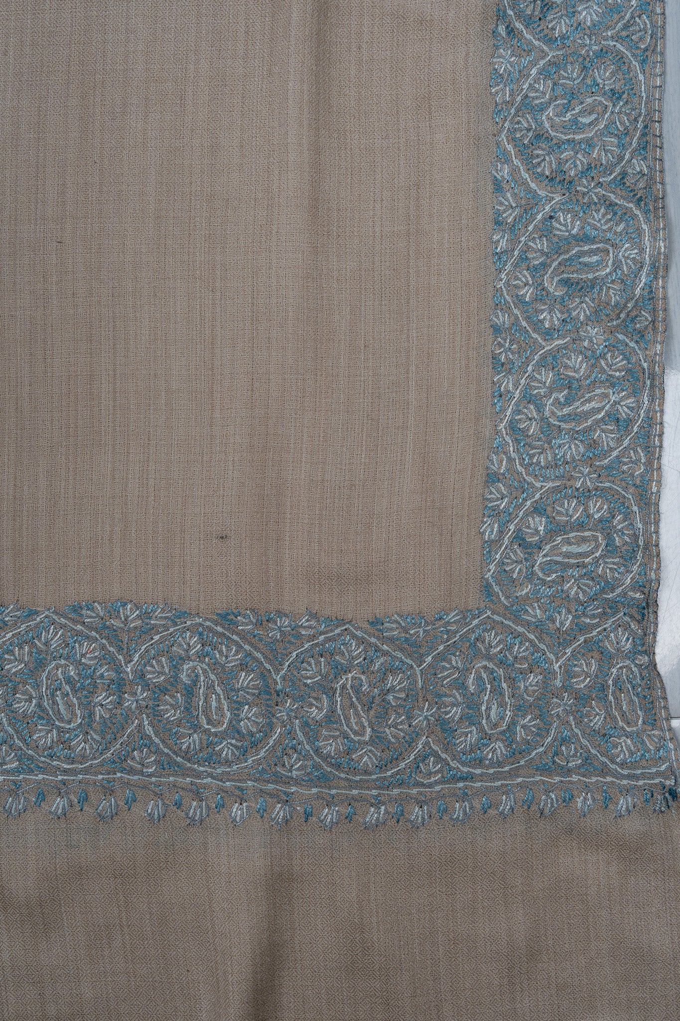 2.5 Yards Sozni Hand Embroidered Shawl in Ivory with Teal Floral Accents