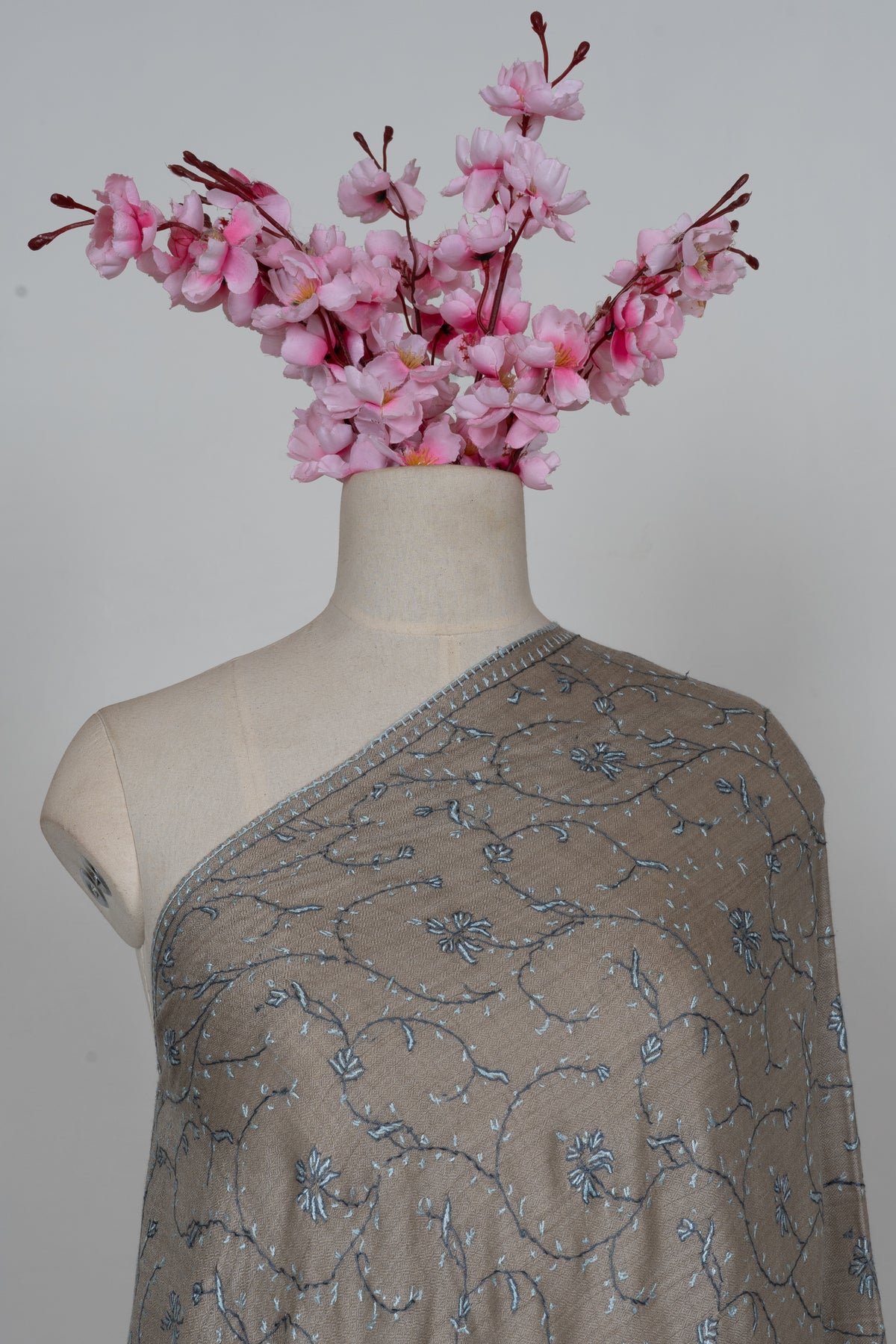 Ash Blue Floral Symphony: Merino Wool Hand Embroidered 2.5 Yards Shawl