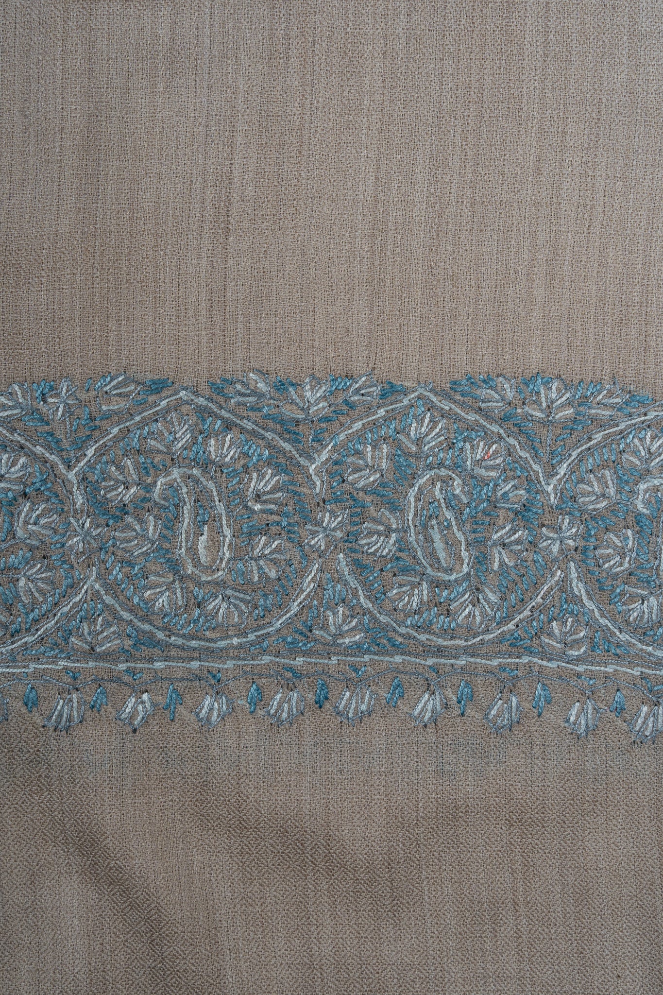 2.5 Yards Sozni Hand Embroidered Shawl in Ivory with Teal Floral Accents