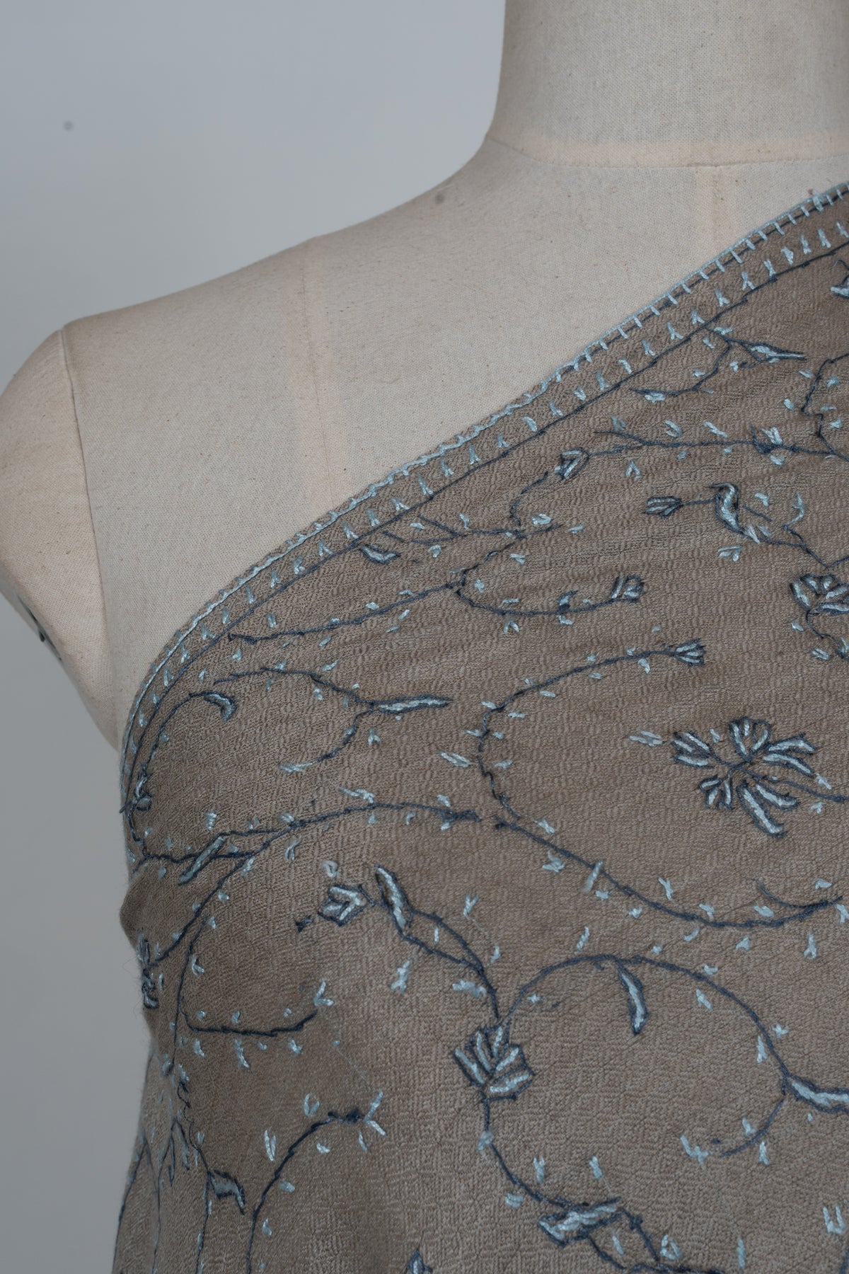 Ash Blue Floral Symphony: Merino Wool Hand Embroidered 2.5 Yards Shawl