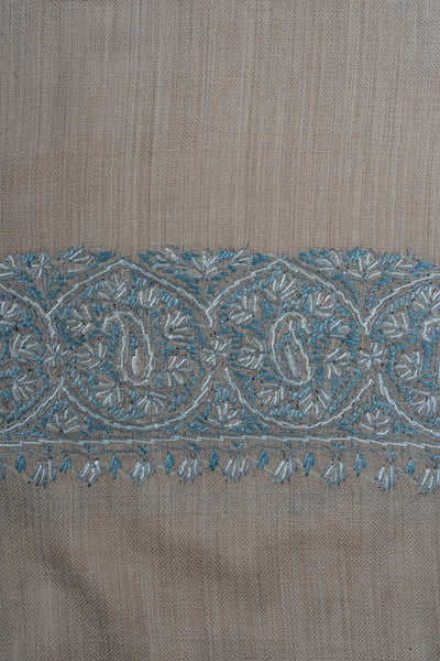 2.5 Yards Sozni Hand Embroidered Shawl in Ivory with Teal Floral Accents