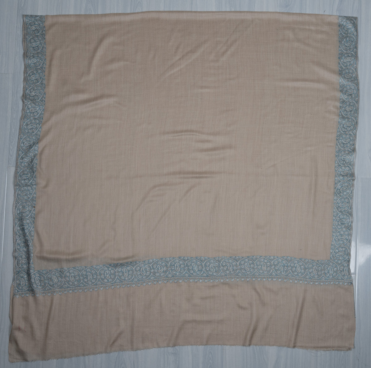 2.5 Yards Sozni Hand Embroidered Shawl in Ivory with Teal Floral Accents