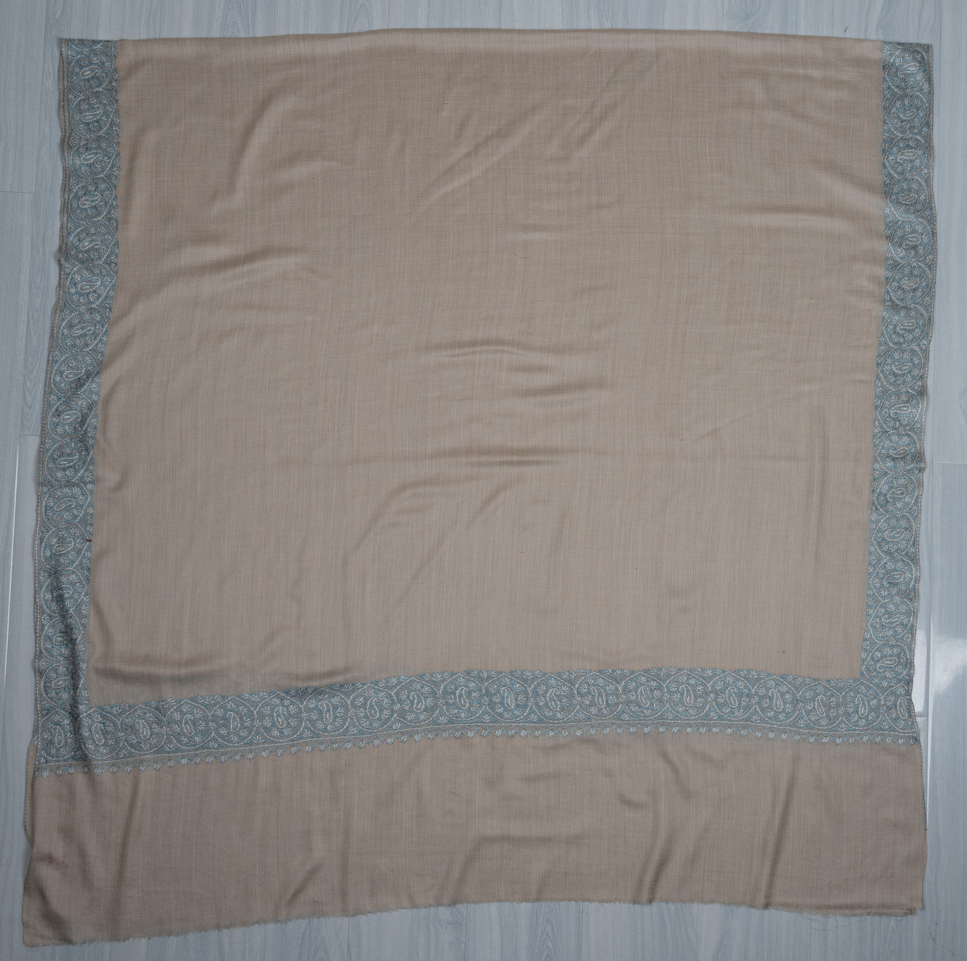 2.5 Yards Sozni Hand Embroidered Shawl in Ivory with Teal Floral Accents