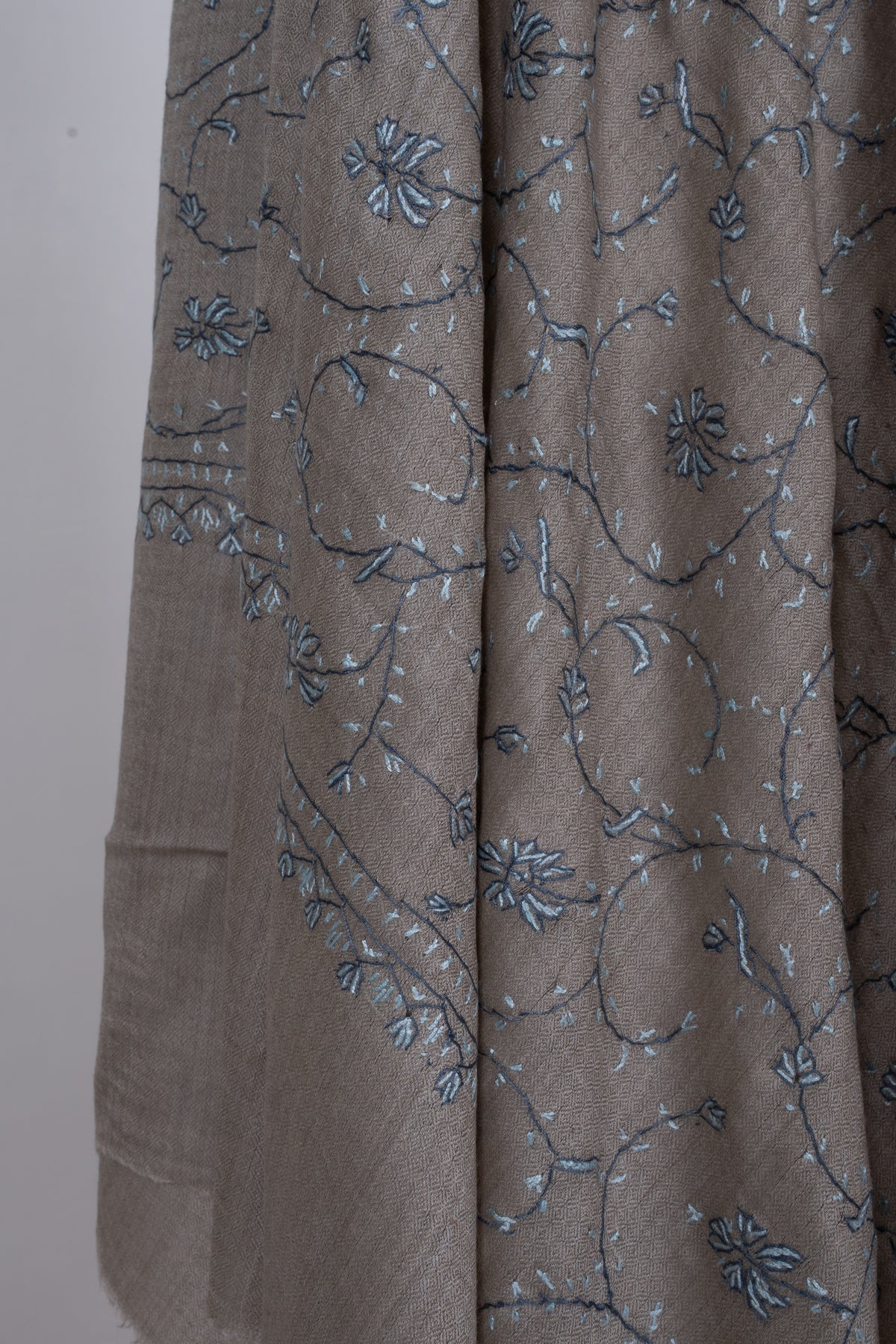 Ash Blue Floral Symphony: Merino Wool Hand Embroidered 2.5 Yards Shawl