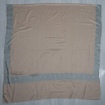 2.5 Yards Sozni Hand Embroidered Shawl in Ivory with Teal Floral Accents