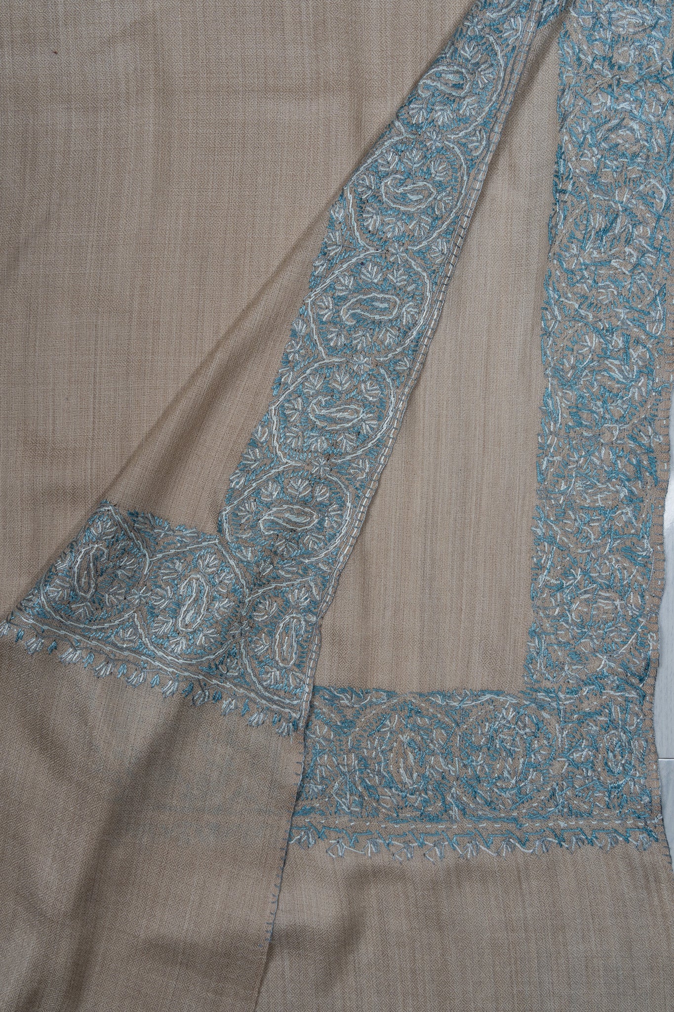 2.5 Yards Sozni Hand Embroidered Shawl in Ivory with Teal Floral Accents